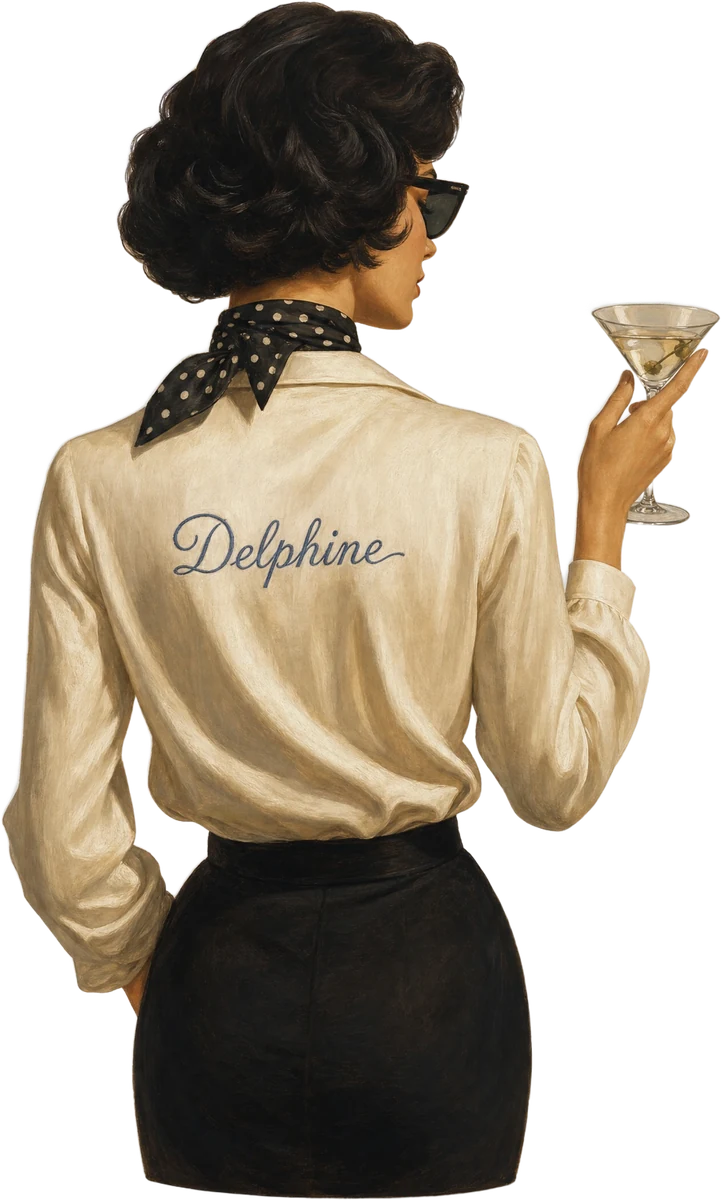 A woman in a cream Delphine blouse, seen from behind, raising a martini